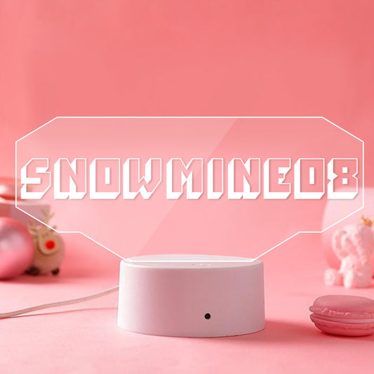 Custom gaming night light with gamer tag 'SNOW MINEDOE' in white, acrylic LED sign on a white base, perfect gaming room decor