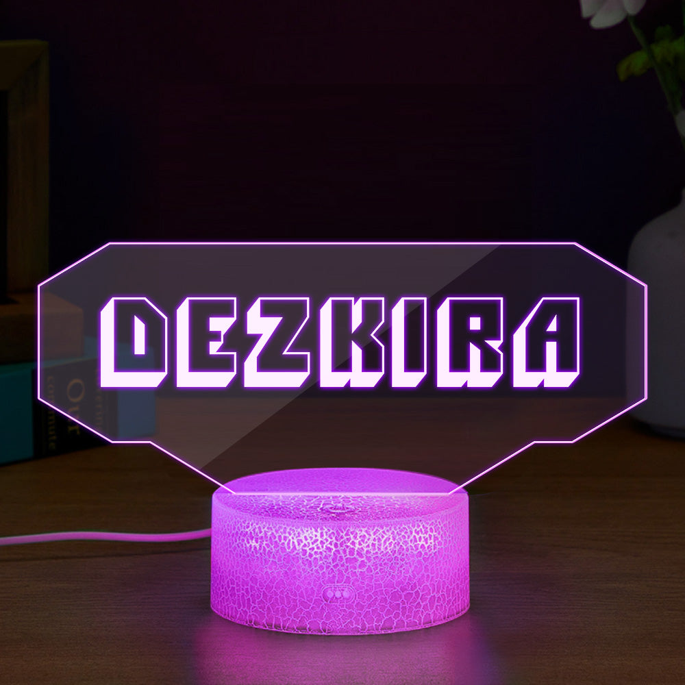 Custom DEZKIRA gaming LED sign, white text on clear acrylic, purple base, perfect gamer gift and room decor.
