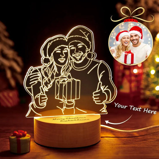 Custom 3D photo lamp with engraved couple, wood base, warm light, Christmas gift idea